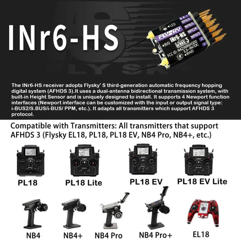Image of INr6-HS RC receiver with AFHDS 3 for RC cars, drones, boats. Compatible with Flysky Noble NB4 Pro Plus transmitters, dual antenna.