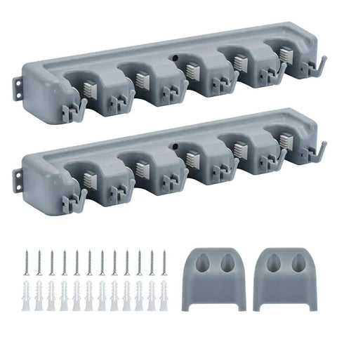 Two Pack 16 Inch Broom Mop Holder Garage Storage Organizer With Five Racks And Six Hooks Adjustable Wall Mounted Tool Holder