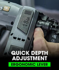 Close-up of 24V Brushless Cordless 18 Gauge Brad Nailer Kit showing ergonomic lever for quick depth adjustment.