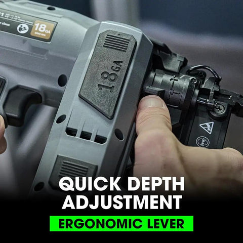 Close-up of 24V Brushless Cordless 18 Gauge Brad Nailer Kit showing ergonomic lever for quick depth adjustment.