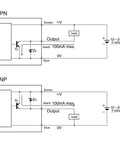 Wiring diagram for 12 To 24 VDC Proximity Sensor With 3 Wires Thin Flat Metal Inductive Limit Switch NPN and PNP configurations