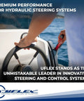 Person steering a boat wheel using Uflex hydraulic system, showcasing quart hydraulic steering fluid oil for all hydraulic steering systems.