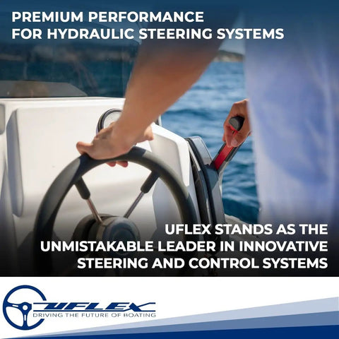 Person steering a boat wheel using Uflex hydraulic system, showcasing quart hydraulic steering fluid oil for all hydraulic steering systems.