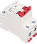 Rock Solid Two Pole DC Disconnect Switch With No Sweat DIN Rail Snap On Mount And Bipolar Load Cut For 1000V Panels, heavy-duty design, white housing.