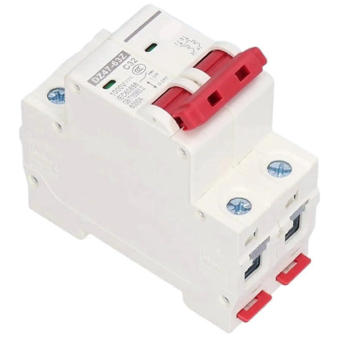 Rock Solid Two Pole DC Disconnect Switch With No Sweat DIN Rail Snap On Mount And Bipolar Load Cut For 1000V Panels, heavy-duty design, white housing.