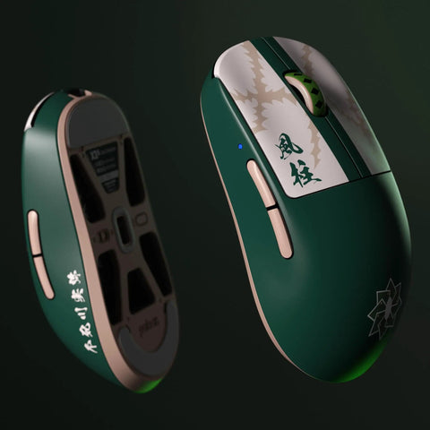 Demon Slayer X2A Wireless Gaming Mouse For PC And Mac, green design, ambidextrous, top and bottom view with optical switch.