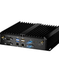 Close-up of a fanless industrial mini PC with HDMI, VGA, and USB ports, part of the Fanless Industrial Mini PC Running Slick On Intel Core I5 With Windows 11 Pro Packing Thirty Two GB RAM And One Tera Byte Drive For Quiet Home Offices Featuring Dual HDMI Outputs Killer Wifi Six And Bulletproof Cellular Slots.