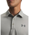 Close-up of Tech Golf Polo For Men Lightweight Moisture Wicking Quick Dry Performance Shirt in Titanium Pitch Gray, size large.