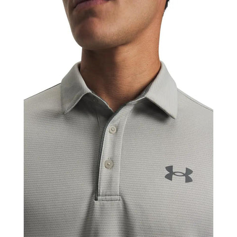 Close-up of Tech Golf Polo For Men Lightweight Moisture Wicking Quick Dry Performance Shirt in Titanium Pitch Gray, size large.