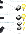 Diagram of 12V DC One Channel 433MHz Wireless Relay Remote Control Kit showing multi and single switch control of lights.