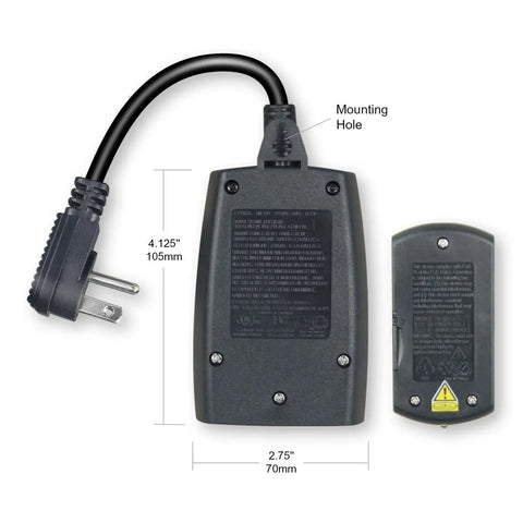 Smooth Operator Outdoor Remote Control Photocell Timer With Dusk To Dawn Sensor And Two Grounded Outlets, showing dimensions and plug.