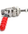 Stainless Steel Toggle Clamp With 220.5Lb Holding Power, Push Pull Clamp For Woodworking, Fixture Setup, Home Decor Projects, And Equipment Installations, Heavy Duty Grip, Arrow Storage Case Included, red handle side view