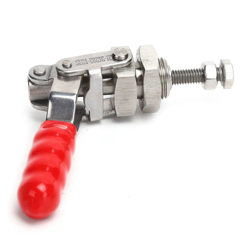 Stainless Steel Toggle Clamp With 220.5Lb Holding Power, Push Pull Clamp For Woodworking, Fixture Setup, Home Decor Projects, And Equipment Installations, Heavy Duty Grip, Arrow Storage Case Included, red handle side view