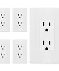 Five Pack Decorator Wall Outlet With 15 Amp Receptacle And Screwless Wall Plate, smooth white finish, various angles shown.