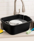 18 Quart Plastic Dishpan Built Tough For Home Kitchens And Laundry Cleanups, Black Multi Purpose Wash Basin Tub with dishes in sink