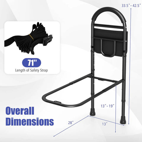 Bed Rail Guard For Elderly Safety, Adjustable Height Bed Side Assist Bar With Non-Slip Handle showing dimensions and safety strap