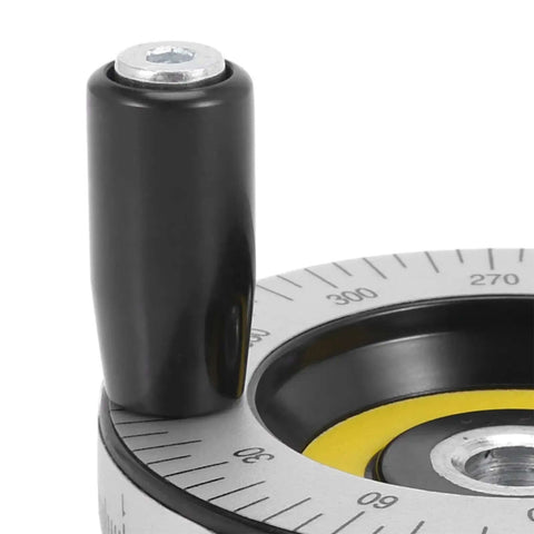 Close-up of Solid 80mm Hand Wheel With Scale Pro Grade Bakelite Machine Handle showing calibrated dial for precision machinery.