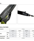 Close-up of Force Speargun For Spearfishing Lightweight Pneumatic Gun Easy To Load With 70 Cm Barrel And Carrying Bag Included Built For Precision Hydrodynamic Performance And Quick Maneuverability Underwater showing technical details and specifications chart