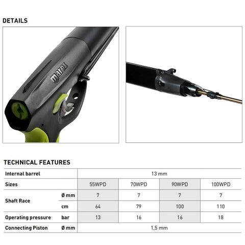 Close-up of Force Speargun For Spearfishing Lightweight Pneumatic Gun Easy To Load With 70 Cm Barrel And Carrying Bag Included Built For Precision Hydrodynamic Performance And Quick Maneuverability Underwater showing technical details and specifications chart