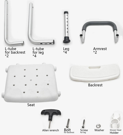 Shower Chair For Seniors With Wide Seat And Easy Assembly, adjustable components like legs, armrests, and backrest, aluminum frame.