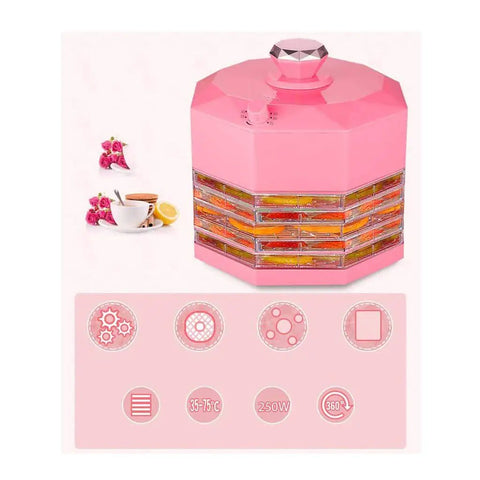 Dang Sweet Compact 5 Tray Food and Pet Dehydrator Machine With 8 Speed Controls for Drying Fruits Vegetables Meats Herbs and Jerky No Fuss Operation for Kitchen or Bedroom Anytime Convenience in pink with adjustable settings.