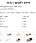 250 Pcs 10-Value Micro Momentary Tactile Push Button Switch Kit For Breadboard And PCB Projects, specs and switch types