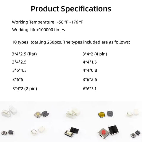 250 Pcs 10-Value Micro Momentary Tactile Push Button Switch Kit For Breadboard And PCB Projects, specs and switch types
