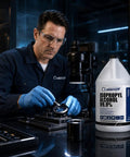 Isopropyl Alcohol 99.9 Percent IPA Pro Grade Industrial 1 Gallon Fast Evaporating Low Residue Solvent For Lab Use Cleaning Degreasing And Electronic Parts Maintenance bottle beside technician cleaning microscope