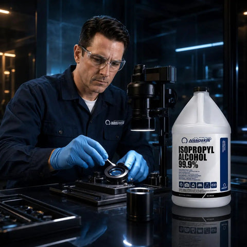 Isopropyl Alcohol 99.9 Percent IPA Pro Grade Industrial 1 Gallon Fast Evaporating Low Residue Solvent For Lab Use Cleaning Degreasing And Electronic Parts Maintenance bottle beside technician cleaning microscope