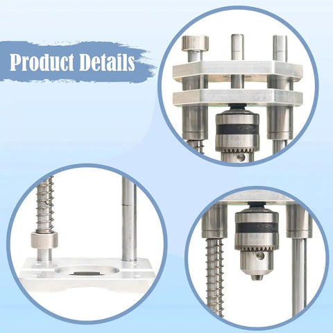 Close-up of the Vertical Drill Guide And Drill Press Adapter For Woodworking showing steel columns and chuck for precise hole positioning.