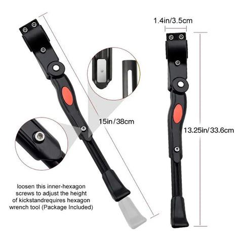 Adjustable Aluminum Bike Kickstand For 22 To 26 Inch Wheels, showing length adjustment and anti-slip foot.