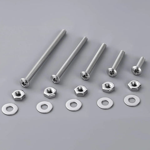 No-Fuss 10-24 By 2 Pan Head Machine Screws Kit With Nuts And Flat Washers 304 Stainless Steel showing screws, nuts and washers.