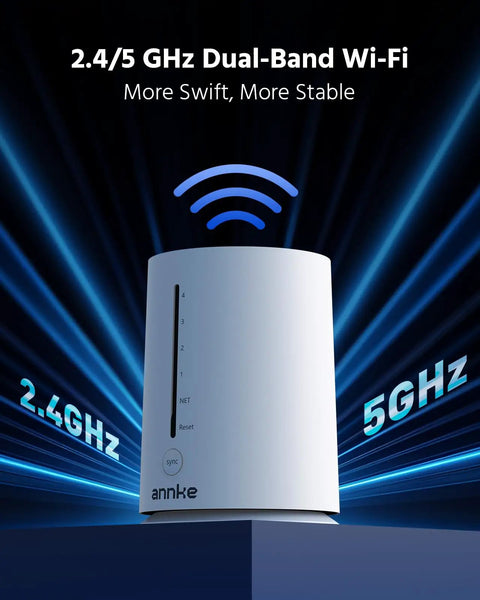 Wi-Fi hub for Solar Wireless Security Camera Kit For Outdoor Home Surveillance with dual-band 2.4/5 GHz connectivity.
