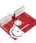 Premium Aluminum Router Table Insert Plate Featuring Quick Flip Lift Mechanism And Precision Miter Channel For Dope Maker Shop Rigs That Provide Zero Slop On Every Cut In Vibrant Red, showcasing detailed precision adjustments.