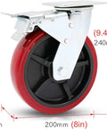 Rock Hard Heavy Duty Swivel Casters 4 Pack With Steel Plate Mount And Precision Ball Bearing Polyurethane Wheels for Workshop Cart close-up view with measurements.