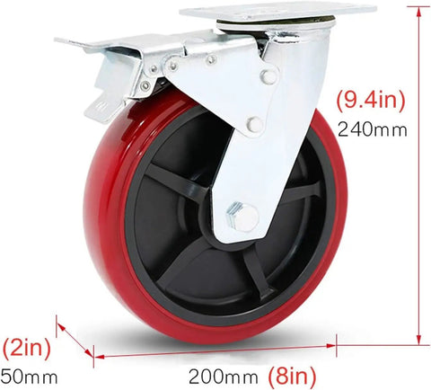 Rock Hard Heavy Duty Swivel Casters 4 Pack With Steel Plate Mount And Precision Ball Bearing Polyurethane Wheels for Workshop Cart close-up view with measurements.