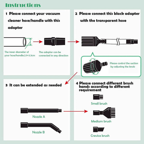 Instruction diagram showing how to connect Vacuum Crevice Attachment Kit For Hard To Reach Spots, Micro Cleaning Tools For Keyboard, Cars, Vents And Tight Spaces, Universal One And A Quarter Inch Hose Compatibility, All In One Cleaning Kit For Every Nook And Cranny, with adapter and different nozzles.
