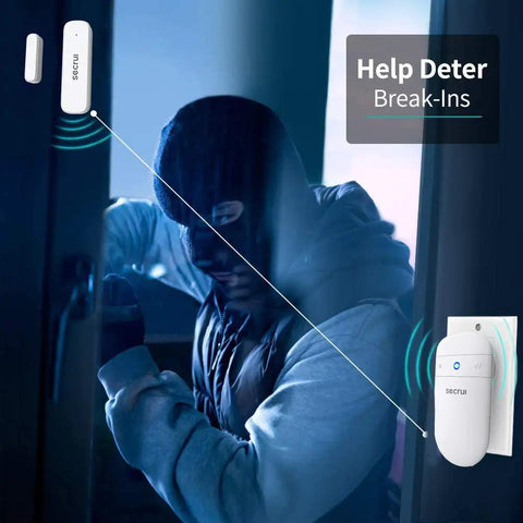 Wireless Door Alert Chime For Home And Business, Real Time Door Open Notifications, Instant Entry Alerts, No-Fuss Setup, Keeps Your Property Safe With 24/7 Peace Of Mind And Quick Door Alerts At Every Entrance. Door sensor and chime on a doorway.