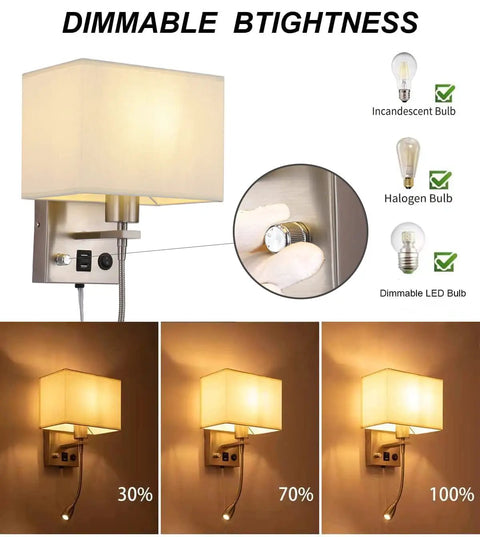 Two Pack Bedside Lights Plug In Wall Sconces With Dual USB Charging Ports Per Lamp Dimmable Reading Lamp Fabric Shade On Off Switch Brushed Nickel Finish Ideal For Home Or Hotel