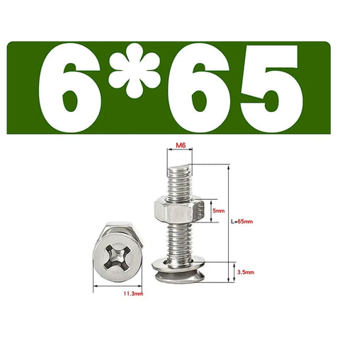 M6 Countersunk Cross Head Screws And Nuts Kit In Stainless Steel SS304 50 Sets Heavy Duty All Weather Hardware Fasteners For Indoor Outdoor Use Durable Threads And Smooth Finish Easy Quick Tightening Premium Quality, M6 screw and nut dimensions shown