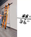 Super Durable Sliding Barn Door Hardware Kit with Black Steel Round Tube Track and Smooth Floor Roller Wheels installed with ladder