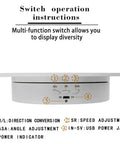Qinmay 360 Degree Electric Rotating Turntable Display Stand control panel showing function switches and USB power jack.