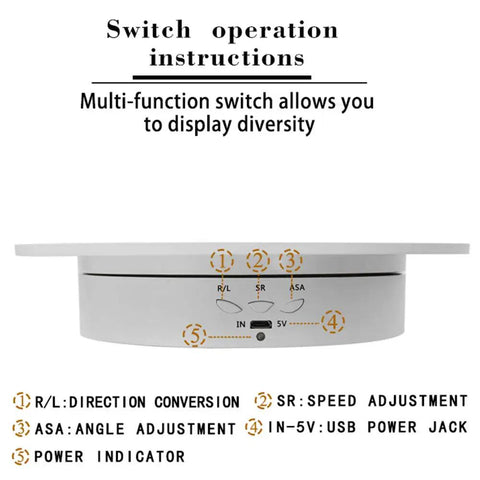 Qinmay 360 Degree Electric Rotating Turntable Display Stand control panel showing function switches and USB power jack.