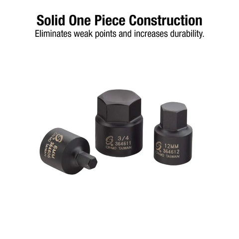 Low Profile Impact Hex Driver Set Three Eighths Inch Drive Sixteen Piece Dual Size Markings From One Quarter Inch To Three Quarters Inch SAE And Metric Chrome Moly Steel Solid One Piece Construction Fits Tight Spaces Heavy Duty Case ANSI Compliant showing 3/8 in, 3/4 in, 12 mm adapters