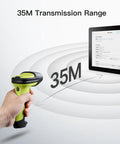 Hand holding a 2D Barcode Scanner Bluetooth Enabled For Fast And Accurate Scanning Of Code 128 QR EAN 13 Data Matrix And More No Brainer AI App And SDK Support 180 Days Battery Life Works With iOS Android And Windows demonstrating 35M transmission range next to tablet screen