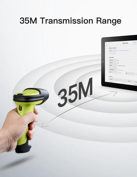 Hand holding a 2D Barcode Scanner Bluetooth Enabled For Fast And Accurate Scanning Of Code 128 QR EAN 13 Data Matrix And More No Brainer AI App And SDK Support 180 Days Battery Life Works With iOS Android And Windows demonstrating 35M transmission range next to tablet screen