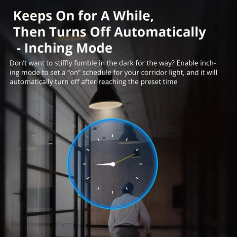 A person walking in a dimly lit corridor with an overlaid clock graphic, illustrating 4 Channel WiFi Smart Switch For Home Automation.