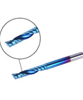 Blue-coated 1/8-inch shank end mill, spiral upcut, single flute; close-up of flute