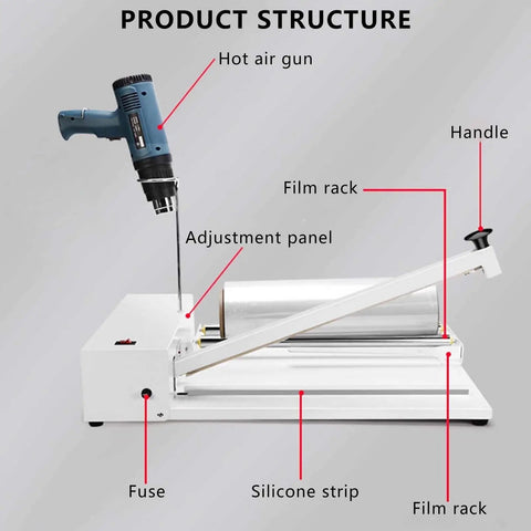 TYBJLXF Heat Sealing Shrink Wrap Machine With Tackler Gun Bundle showcasing product structure and adjustable parts.
