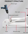 Heavy Duty Manual Shrink Wrap Machine With Heat Sealing And Cutting Blade, features hot air gun, film rack, and adjustment panel.